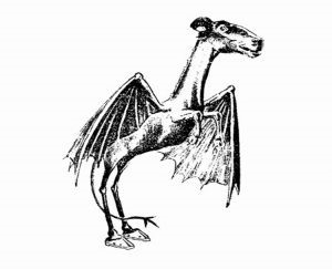 Creepy stories of cryptid monsters- a black and white sketch of the Jersey Devil Monster