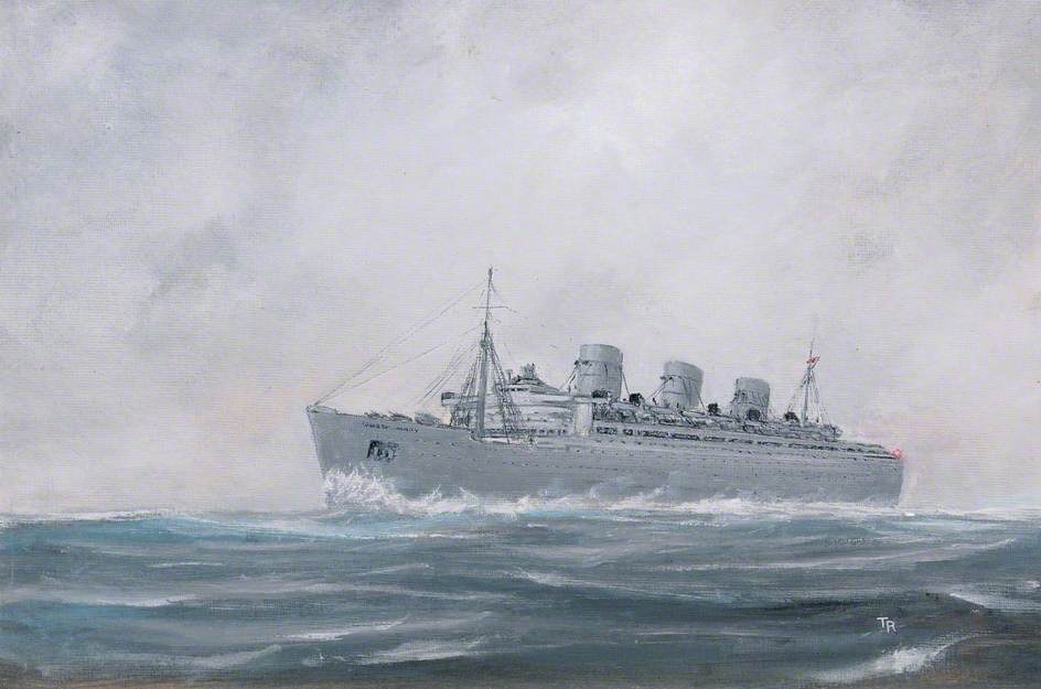 photo shows the rms queen mary in a painting, there are lots of grays and blues, it looks like a storm is rolling in behind the boat