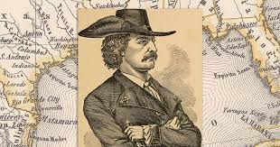 photo shows an illustration of pirate jean lafitte with his arms crossed over a photo of a map.