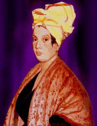 photo shows a painting of marie laveau with her hair wrapped in a scarf