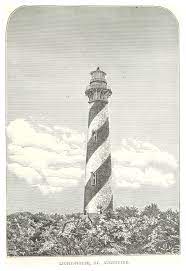 photo shows an illustration of the lighthouse. it is striped and stands on a crop of rocks