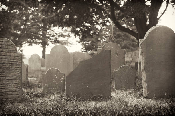 photo shows weathered headstones in the old burying point cemetery