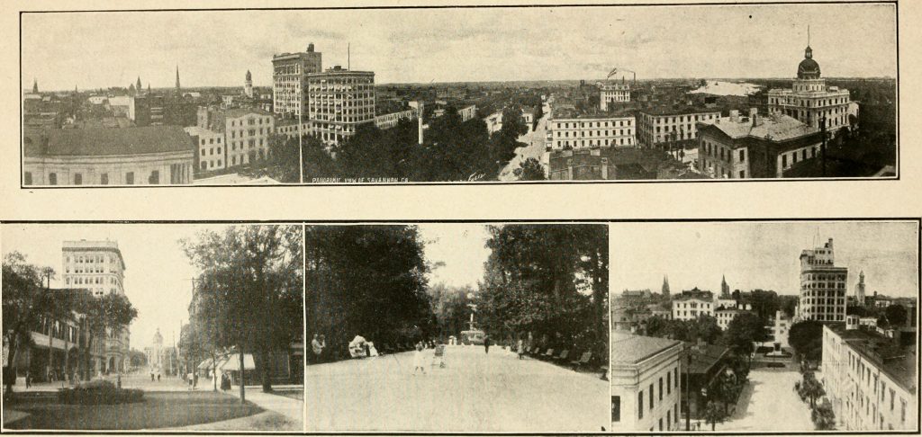 photo shows a small photo series of historic downtown savannah buildings.