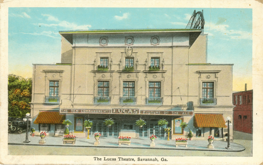 photo shows an illustration on a postcard of the lucas theatre, it says "lucas theatre, savannah georgia' at the bottom. 