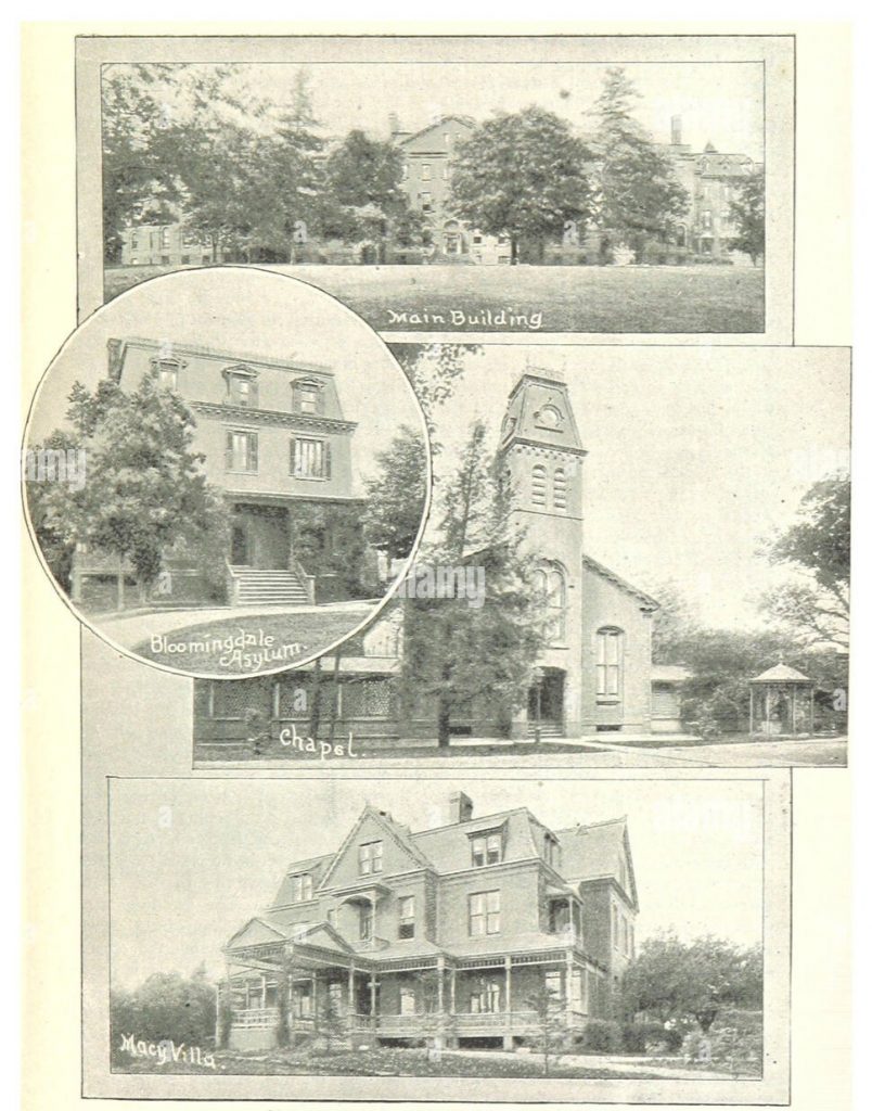 photo shows different angles of the asylum, with beautiful gardens and victorian style buildings. 