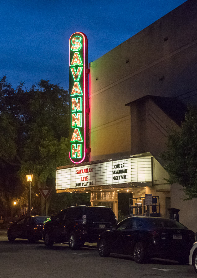 photo shows the lit up marquee and sign of the savannah theatre. it reads - savannah theatre - 