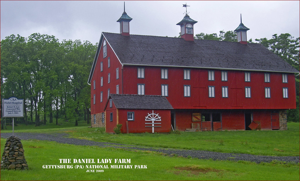 photo shows the large red barn at the daniel lady farm