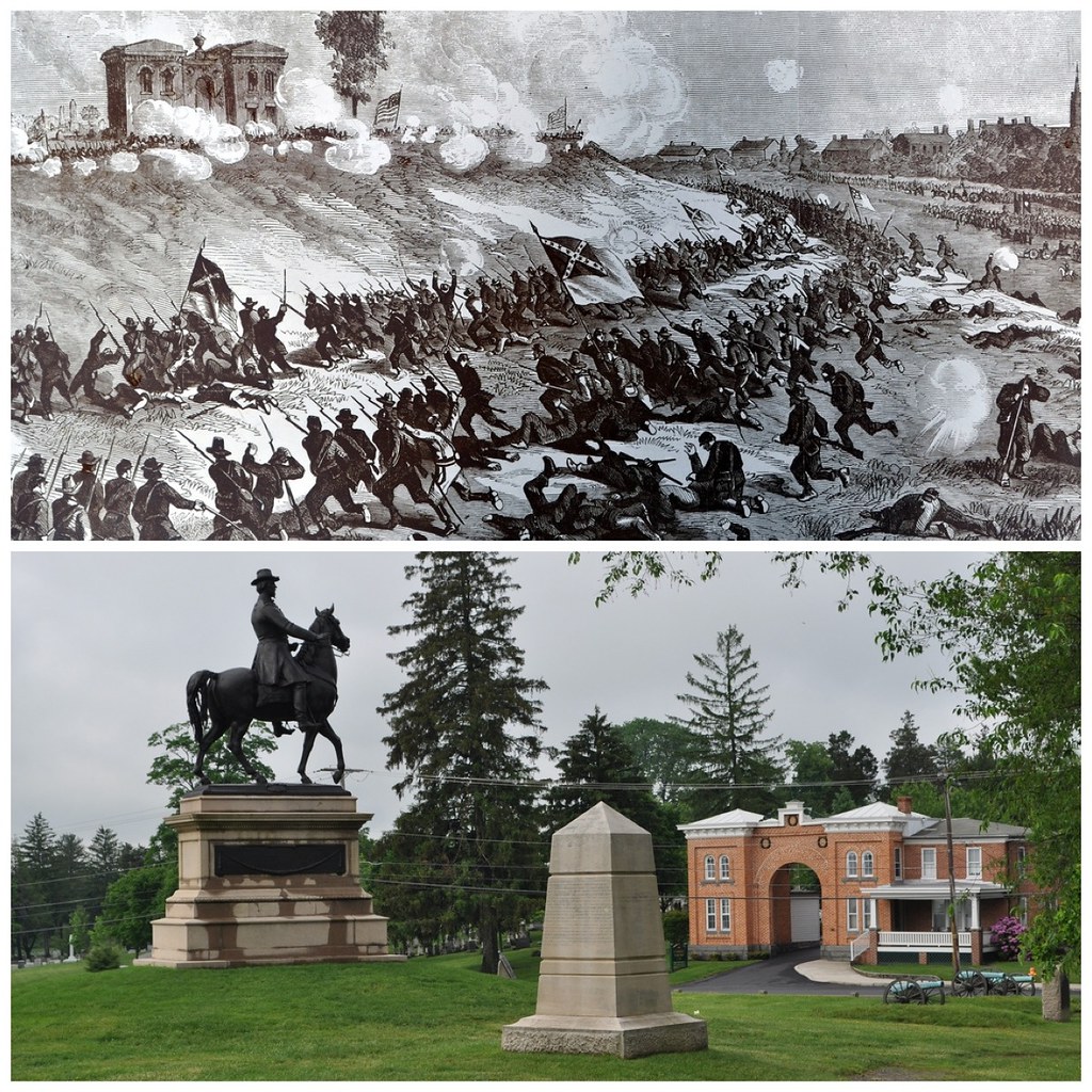 photo shows a side by side image of cemetery hill in 1863 and cemetery hill today