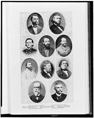 Iverson's Pits. photo shows a page with black and white portraits of war generals on it. Iverson is on the bottom left, an older bald man with a beard