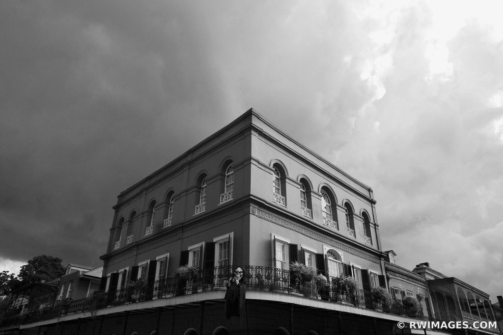 photo shows the lalaurie home in black and white from the street level