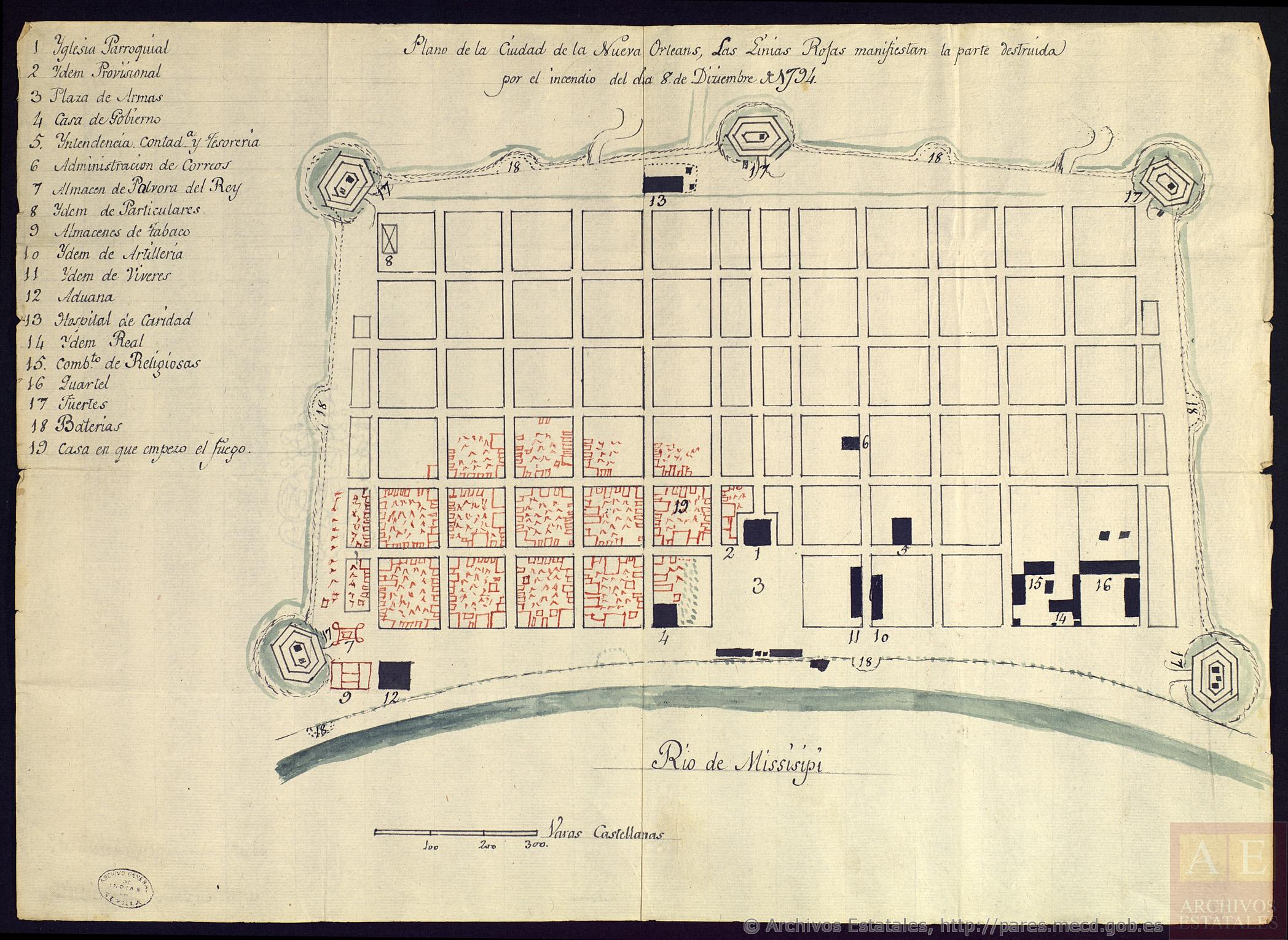 Andrew Jackson Hotel. French Map of the New Orleans fire 1794