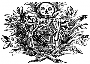 Black and white drawing with skulls and flower arrangements. Coffins and a ribbon that reads Memento Mori