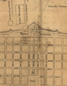 A map from 1804 detailing the location of the St. Peter Cemetery at the top of the French Quarter