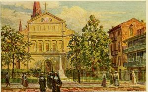 Drawing of a large garden with nuns and other people walking on a cobble stone street. Circa 1916