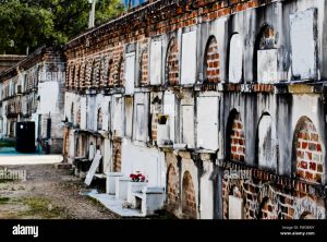 St. Louis Cemetery. A row of oval shaped tombs in a brick wall