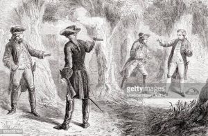 Black and white drawing of four men, dressed in 1700's garb dueling with guns