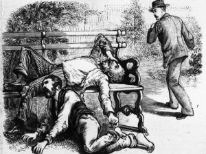 Black and white drawing of people suffering from yellow fever on a bench in New Orleans