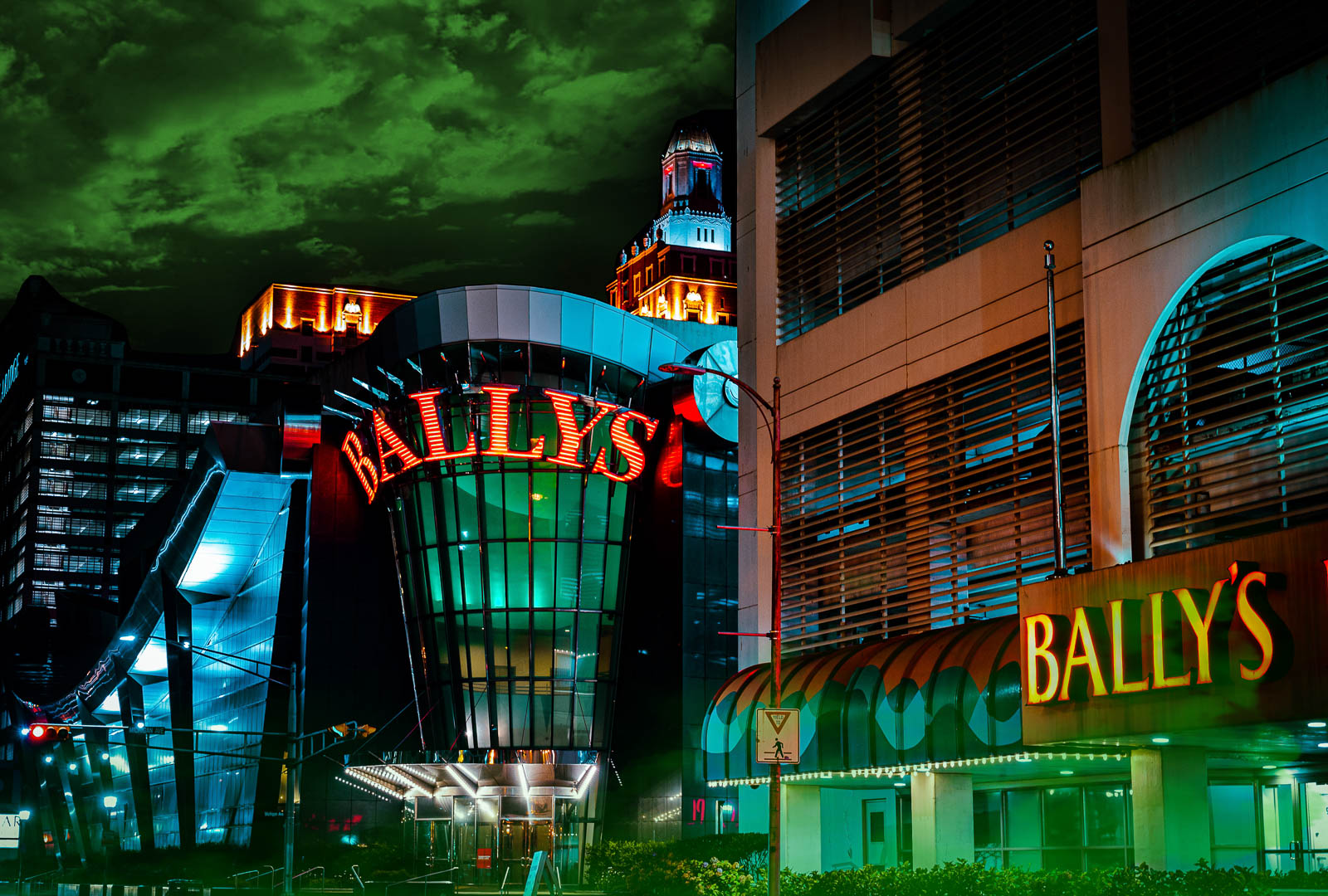 Nighttime Photo of Haunted Bally's Hotel and Casino with fog in Atlantic City, NJ on the Atlantic City Ghosts Tour.