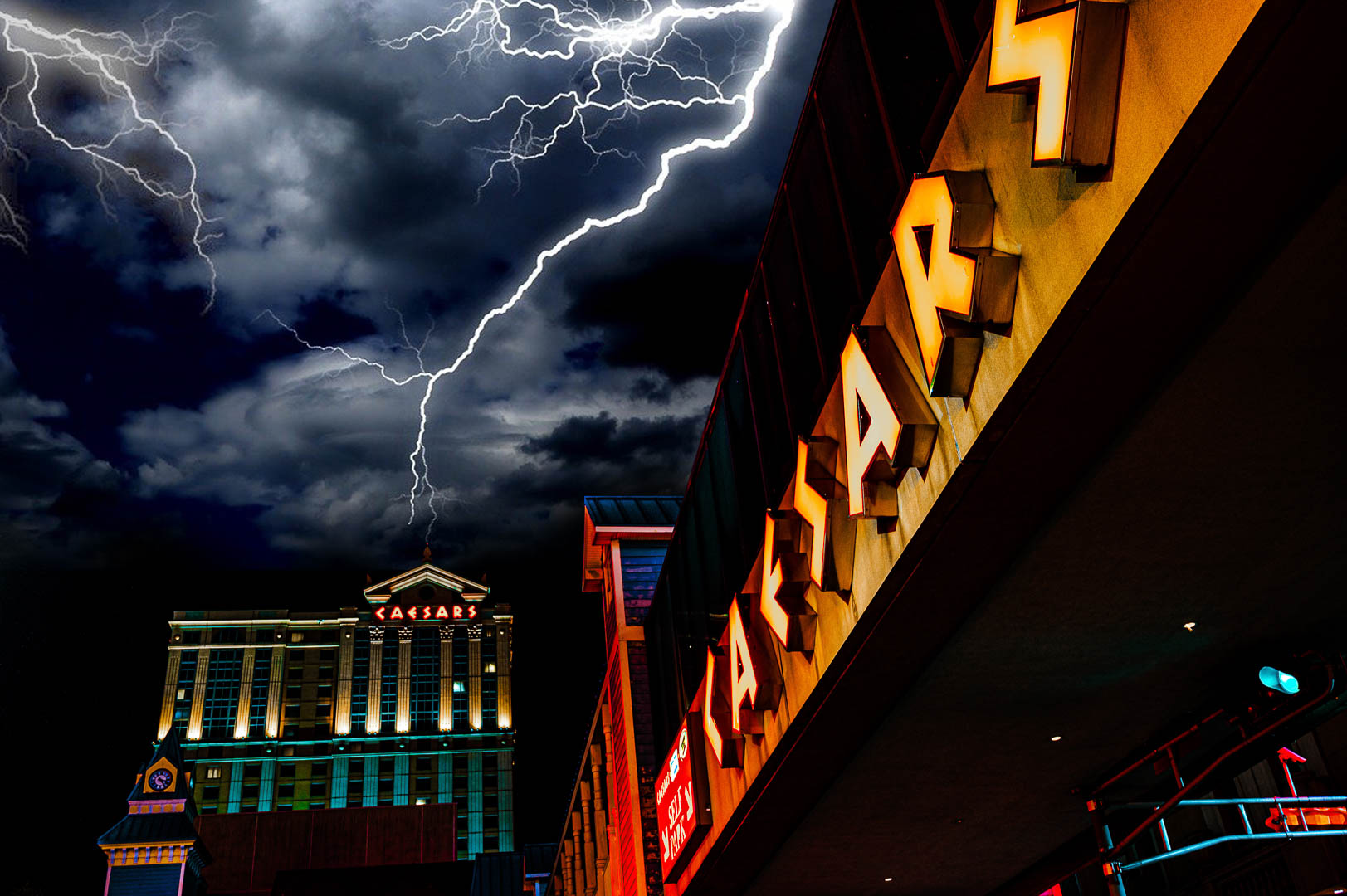 Nighttime Photo of Haunted Caesars Atlantic City with Lightning in Atlantic City, NJ on the Atlantic City Ghosts Tour.
