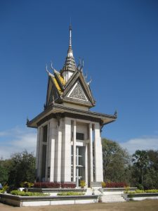 photo shows a small temple at the killing fields