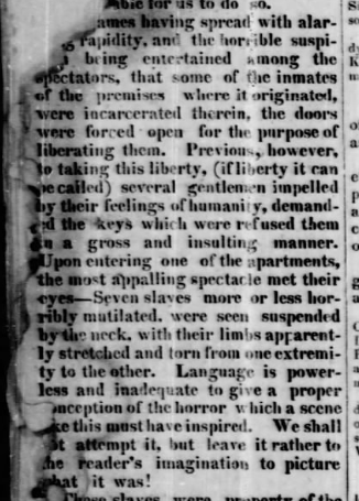 torn newspaper article depicting the fire at the LaLaurie Mansion