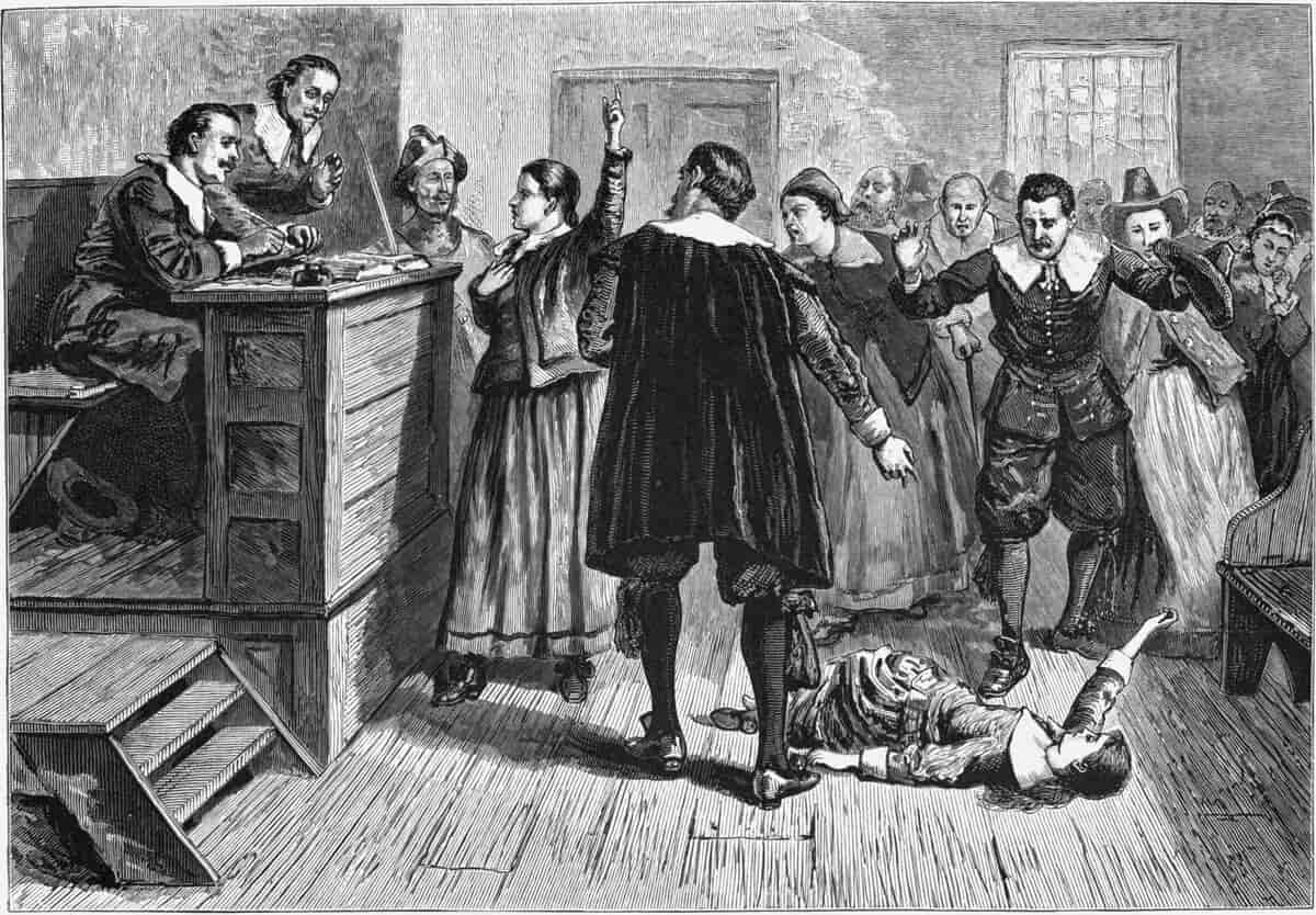 A black and white depiction of a court house. People arguing with a woman laying on the ground. 