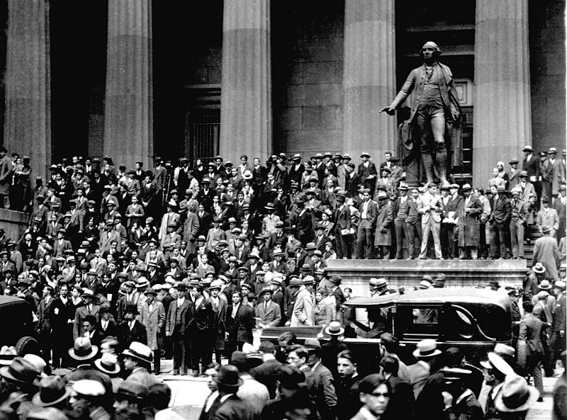Lord Baltimore Hotel. Black and white photo of crowds gathering outside the New York Stock Exchange. 