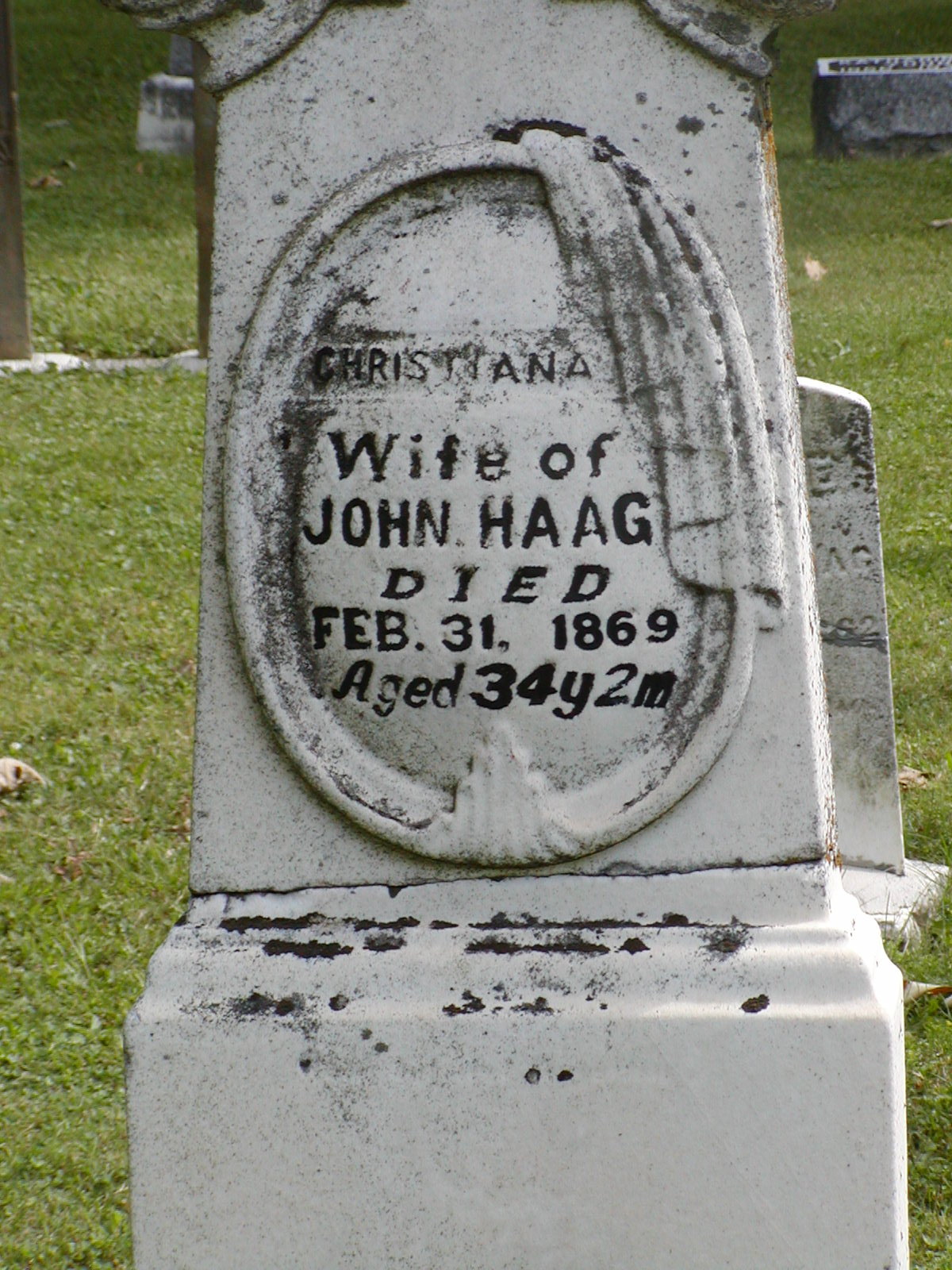 St. Omer. A Tombstone that reads" Wife of John Haag. Died February 31st, 1869