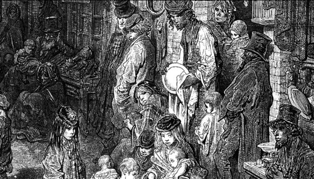 A black and white drawing of people in the victorian era gathered in the streets