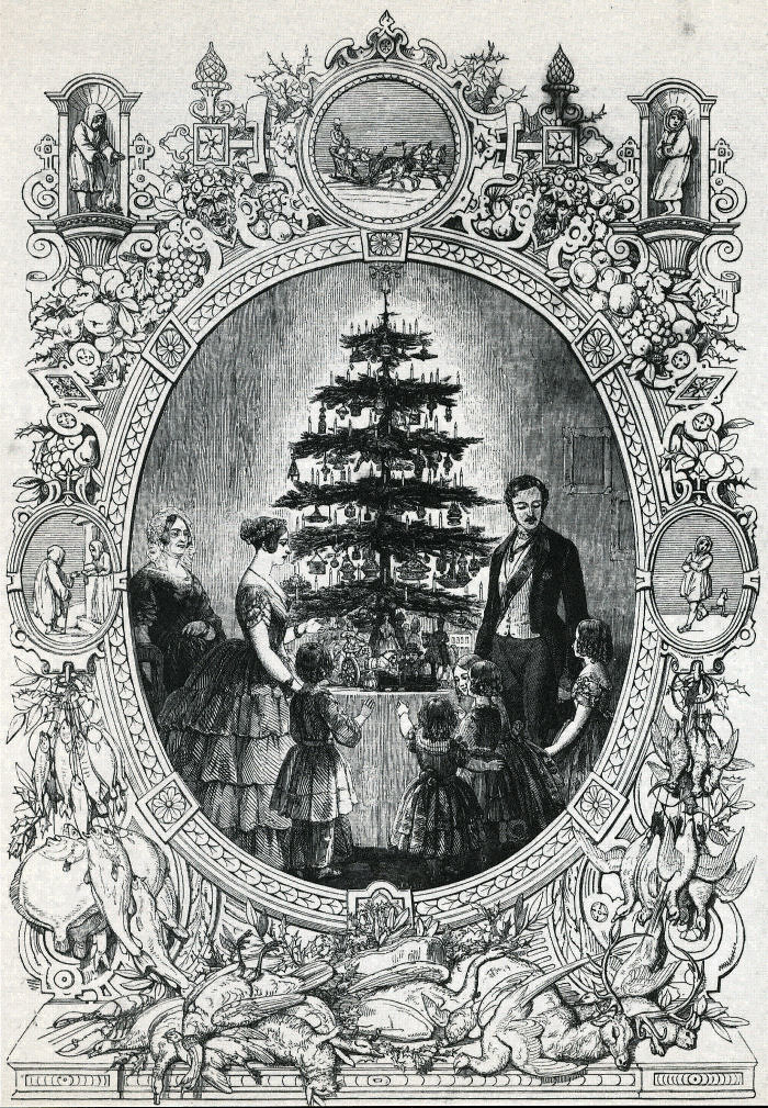 Black and white drawing of the first decorated Christmas tree. Three people dressed in Victorian garb gather around an evergreen tree strewn with ornaments.