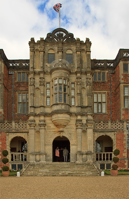 photo shows the immense stone porch and doorway of bramshill house