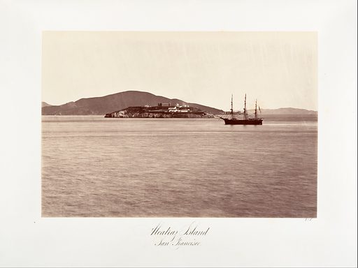 A photograph from 1868. A small boat floats near an island. 
