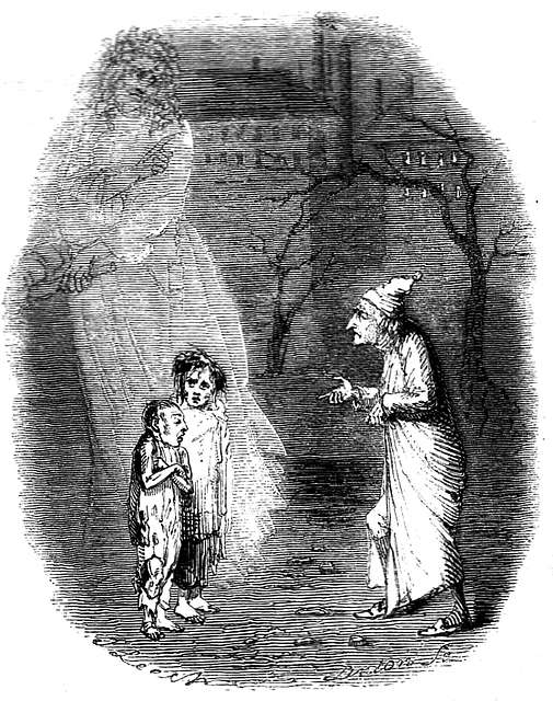 A black and white drawing of two children under the light of a ghost. Heads bowed. In front of them an old man in a cap and gown