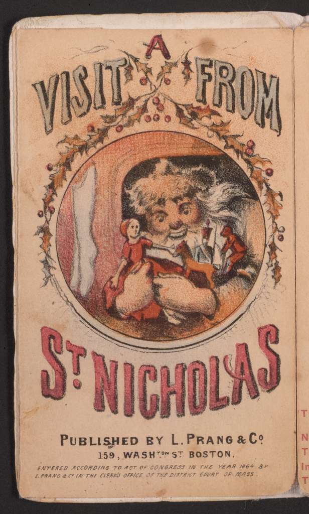 The cover of a Visit From Saint Nichols. A brown book cover with a circle in the center featuring an 1800s depiction of Santa Claus holding a doll
