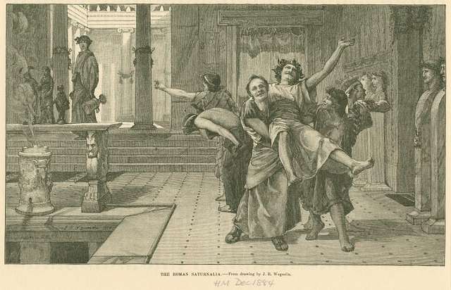 Black and white drawing depicting a group of romans holding up another in a roman bath house. Smiles on their faces, a drink is in the hand of the man being lifted into the air. Behind him a woman is hunched over as if she is about to throw up 