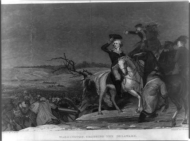 George Washington upon a horse leading his army across a bleak, snow filled hill. Black and white drawing