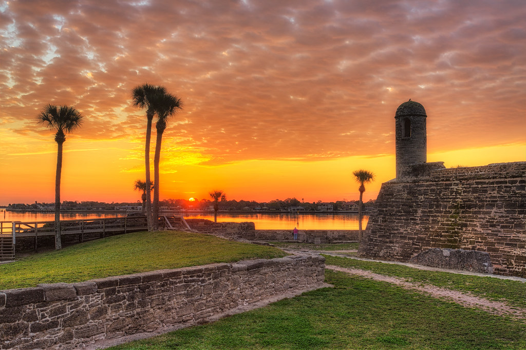 A photo of a sunset over the top of palm trees and a brick wall. The sea in the distance with green grass in the front