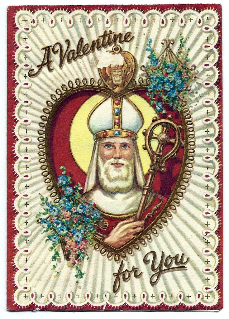 A vintage Valentine's Day card depicting Saint Valentine in a heart. "A Valentine For You"
