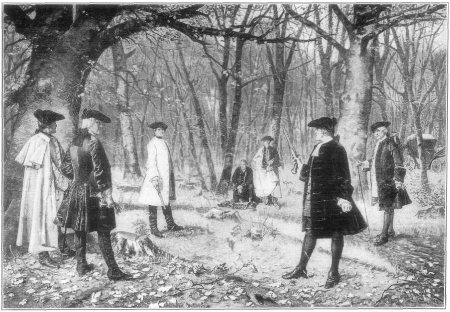 a photo depicting the duel between Aaron Burr and Alexander Hamilton