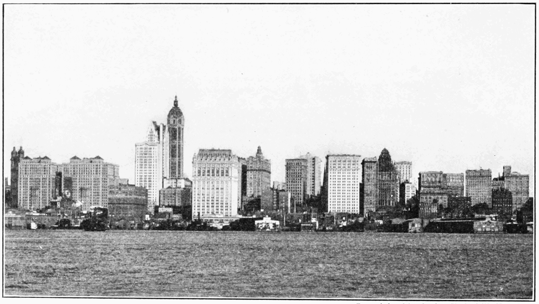 Black and white photo of New York City Skyline taken from Hudson river in 1909. Met Life building sticking up above the rest