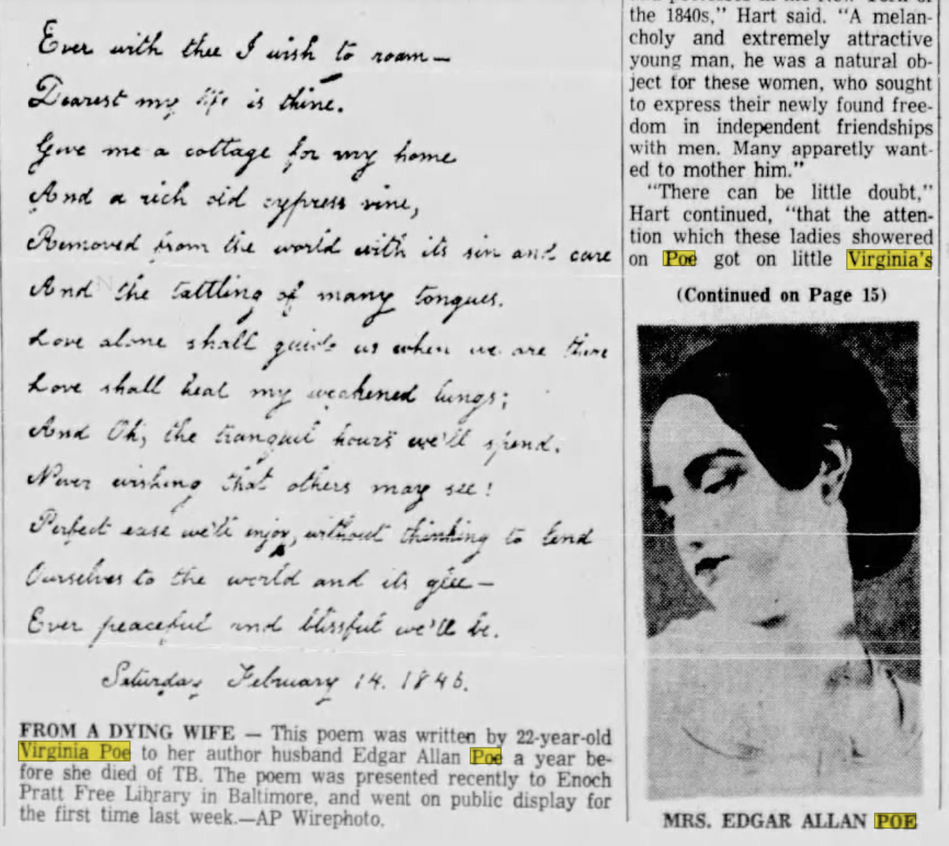 Newspaper article showing a poem written by Virginia Poe to her husband Edgar.
