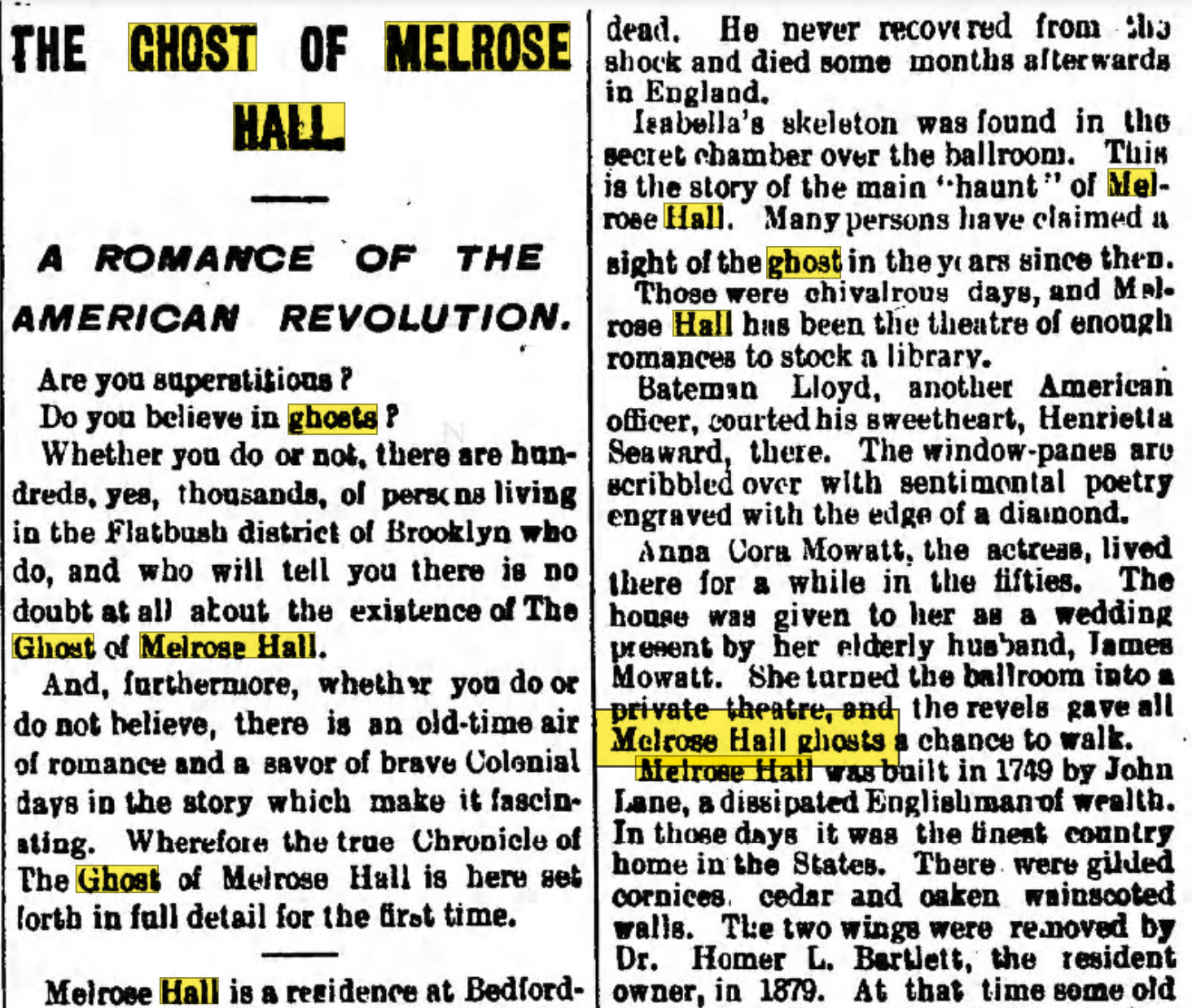 Newspaper article about the ghost of Melrose Hall