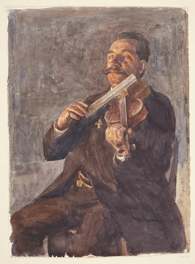 A drawing of a portly man with a mustache playing violin