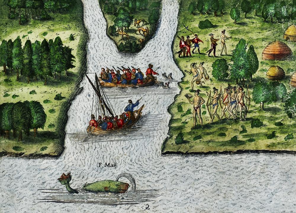 Depiction of settlers making their way to the New World