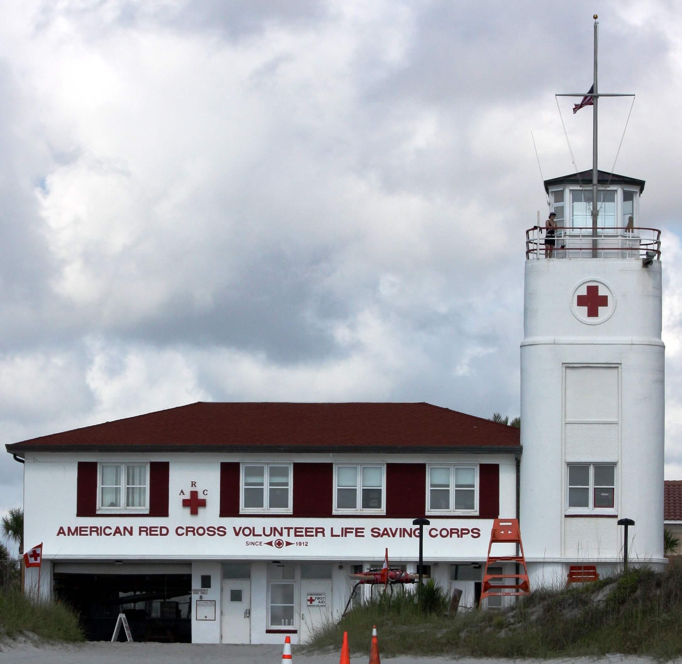 A lifeguard station with a large tower