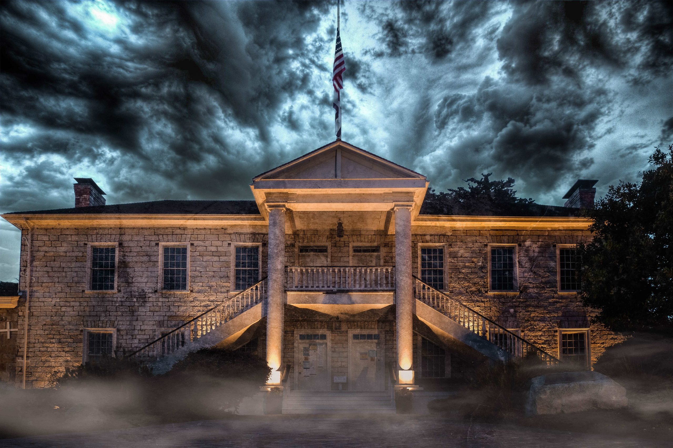 Mist and darkness surrounds Monterey's Colton Hall