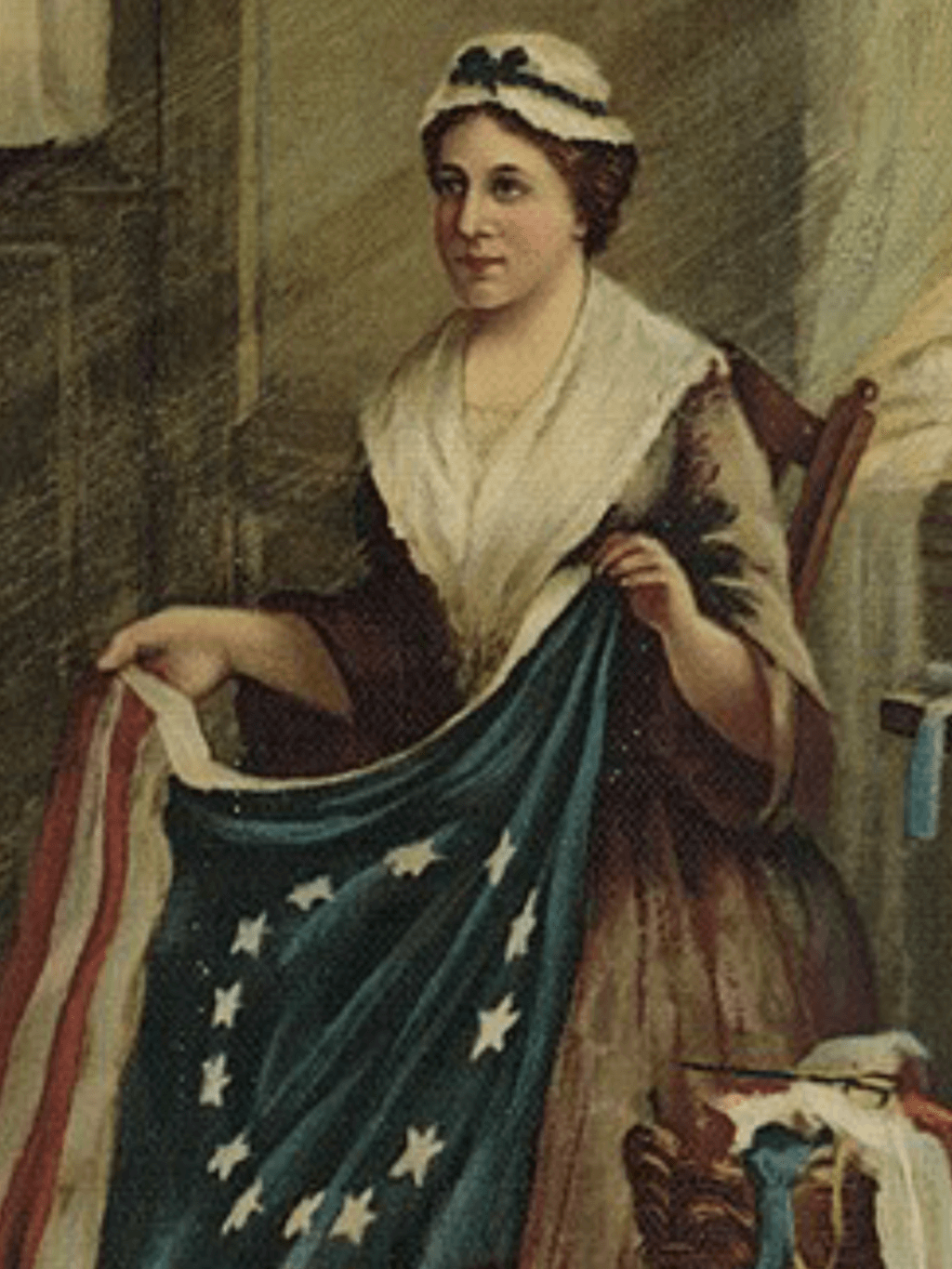 photo of painting of Betsy Ross with the original American flag